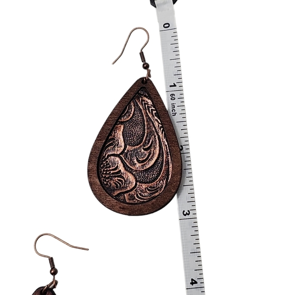 Wooden Faux Leather Vegan Drop Earrings - Picture 3 of 5